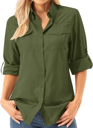 Womens UPF 50  UV Sun Protection Safari Shirts Long Sleeve Outdoor Cool Quick Dry Fishing Hiking Gardening Shirts
