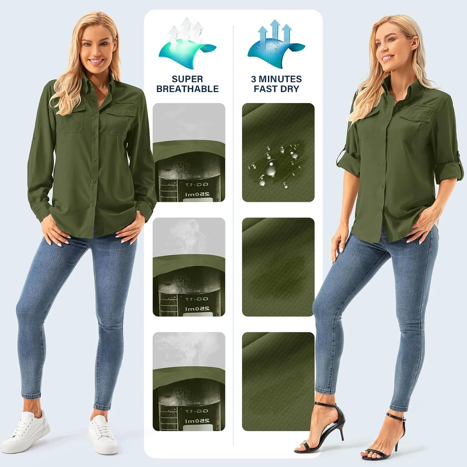 Womens UPF 50  UV Sun Protection Safari Shirts Long Sleeve Outdoor Cool Quick Dry Fishing Hiking Gardening Shirts
