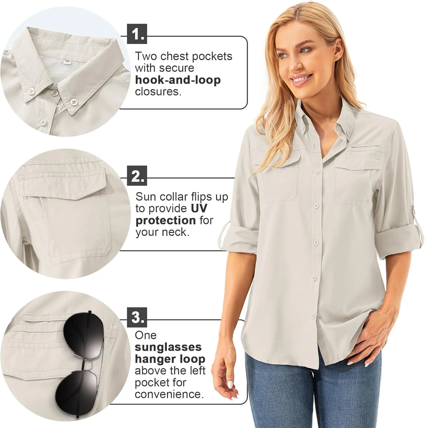 Womens UPF 50  UV Sun Protection Safari Shirts Long Sleeve Outdoor Cool Quick Dry Fishing Hiking Gardening Shirts