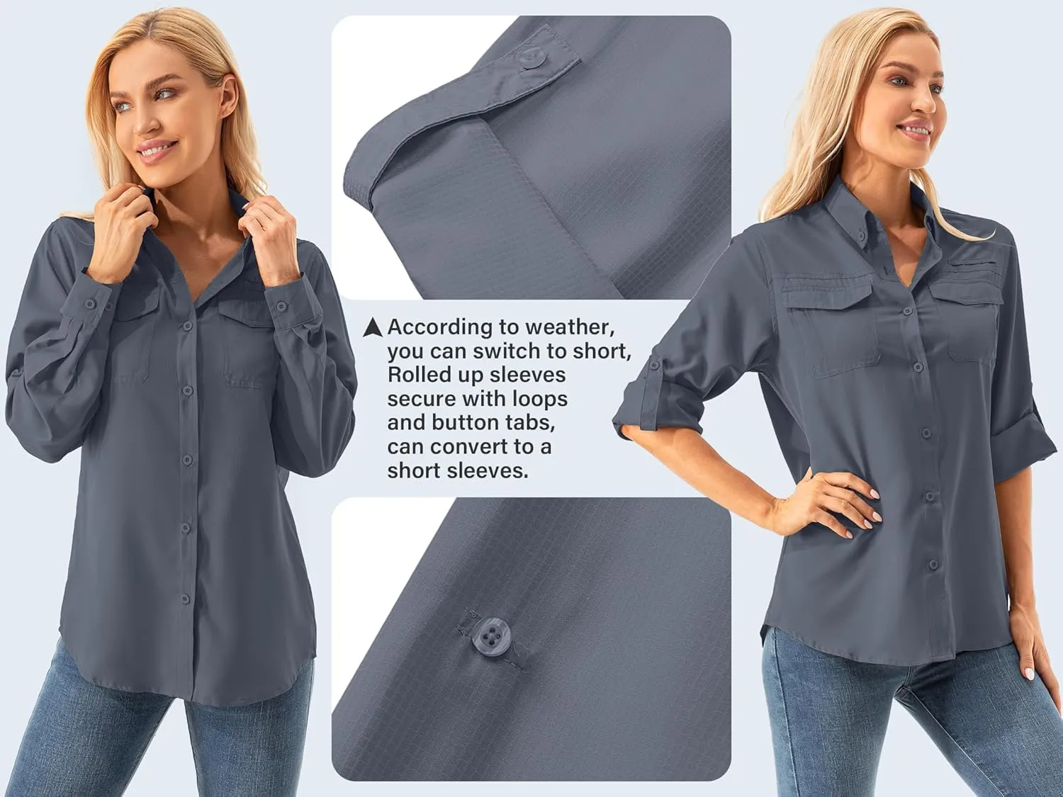 Womens UPF 50  UV Sun Protection Safari Shirts Long Sleeve Outdoor Cool Quick Dry Fishing Hiking Gardening Shirts