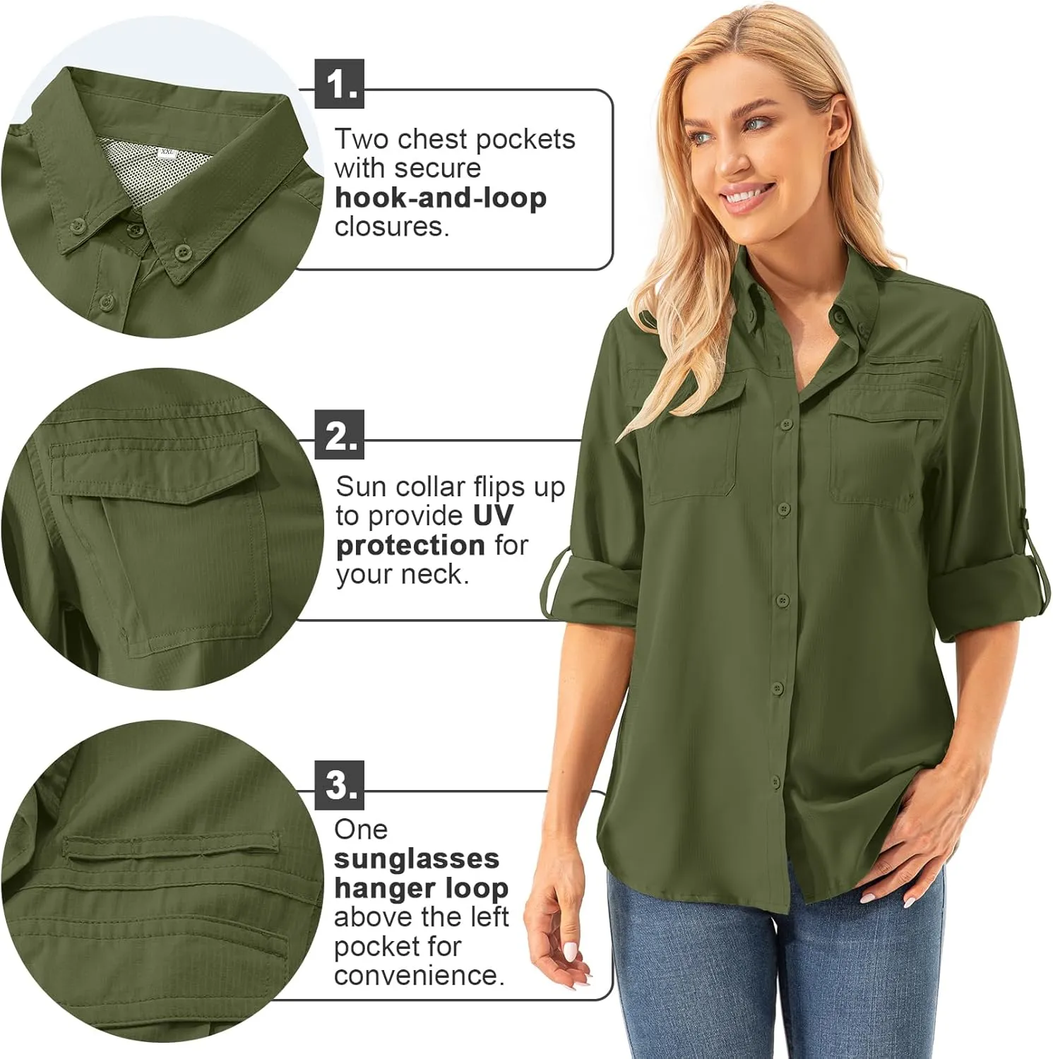 Womens UPF 50  UV Sun Protection Safari Shirts Long Sleeve Outdoor Cool Quick Dry Fishing Hiking Gardening Shirts