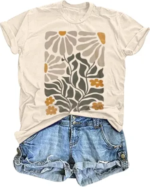 Women's Vintage Floral T Shirt Boho Wildflower Graphic Loose Tees Short Sleeve Casual Tops