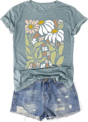 Women's Vintage Floral T Shirt Boho Wildflower Graphic Loose Tees Short Sleeve Casual Tops