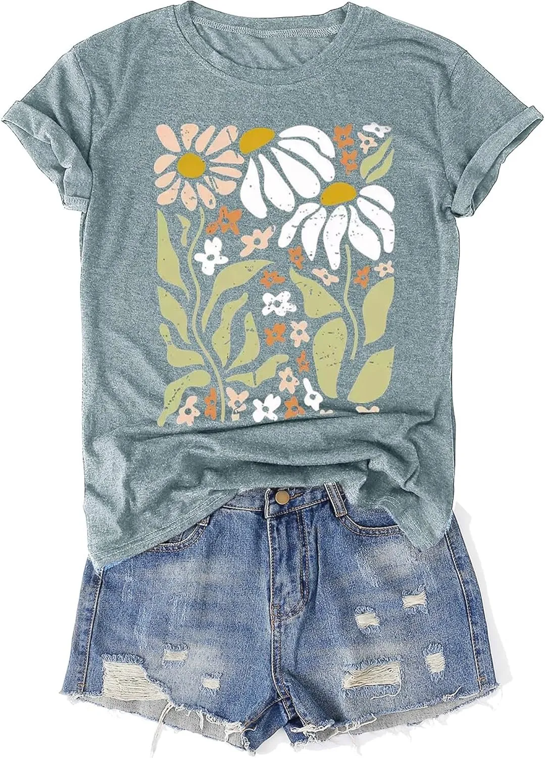Women's Vintage Floral T Shirt Boho Wildflower Graphic Loose Tees Short Sleeve Casual Tops