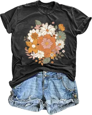 Women's Vintage Floral T Shirt Boho Wildflower Graphic Loose Tees Short Sleeve Casual Tops