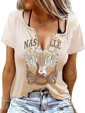 Womens Vintage Rock Music Shirts Sexy V Neck Tee Tops for Women Summer Casual Loose Fit Short Sleeve T Shirts