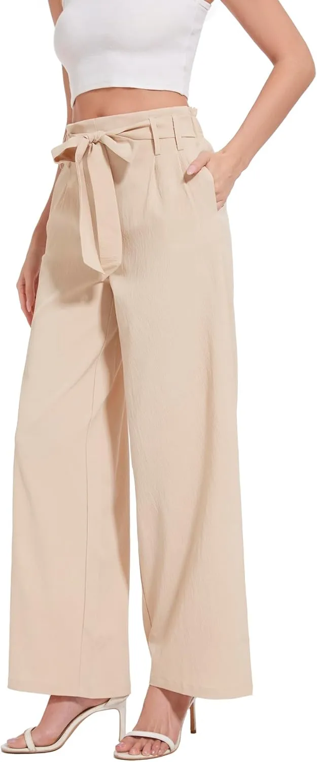 Women's Wide Leg Pants with Pockets, High Waist Adjustable Knot Loose Palazzo Trousers Business Work Casual Pants