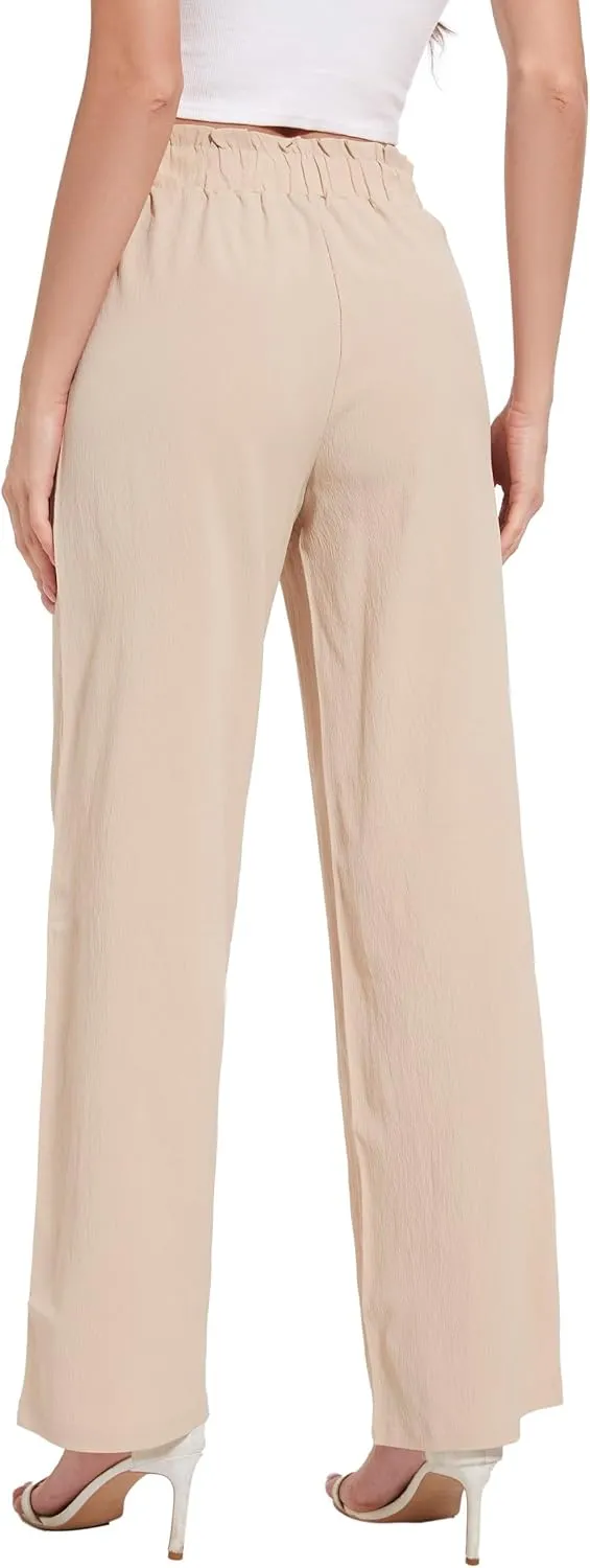Women's Wide Leg Pants with Pockets, High Waist Adjustable Knot Loose Palazzo Trousers Business Work Casual Pants