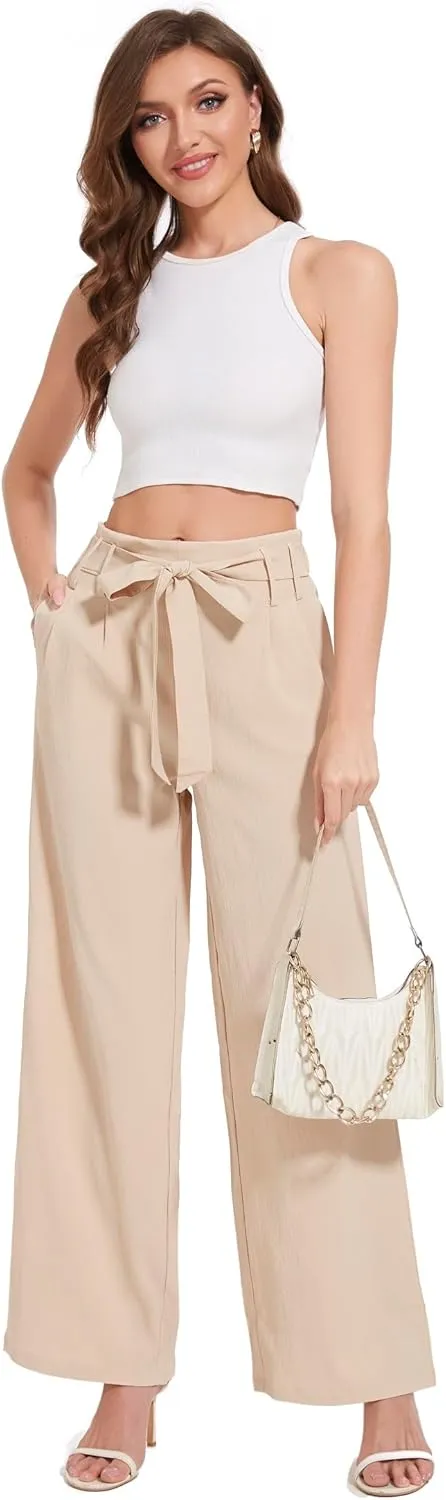 Women's Wide Leg Pants with Pockets, High Waist Adjustable Knot Loose Palazzo Trousers Business Work Casual Pants