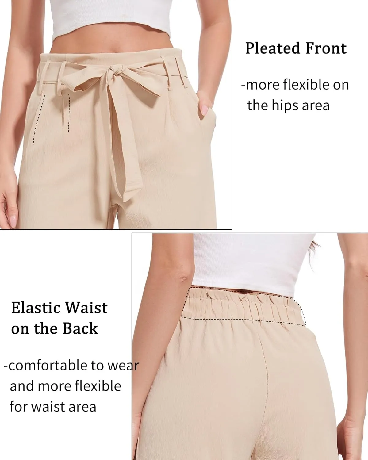 Women's Wide Leg Pants with Pockets, High Waist Adjustable Knot Loose Palazzo Trousers Business Work Casual Pants