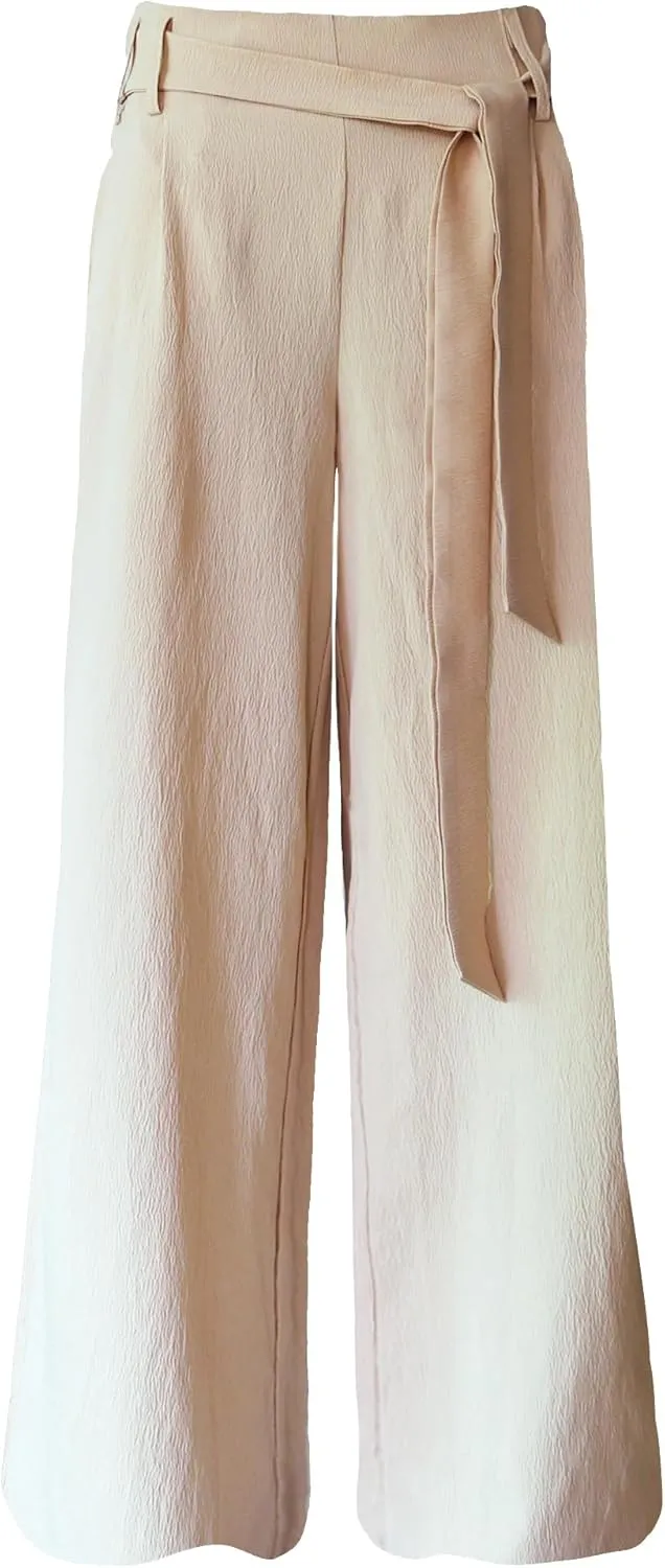 Women's Wide Leg Pants with Pockets, High Waist Adjustable Knot Loose Palazzo Trousers Business Work Casual Pants