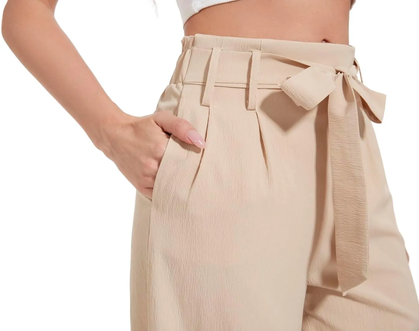 Women's Wide Leg Pants with Pockets, High Waist Adjustable Knot Loose Palazzo Trousers Business Work Casual Pants