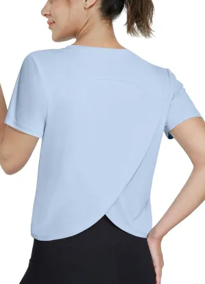 Women's Workout Shirts Short Sleeve Cropped Split Back Athletic Tops Active Running Gym Quick Dry Sun Shirts UPF 50 