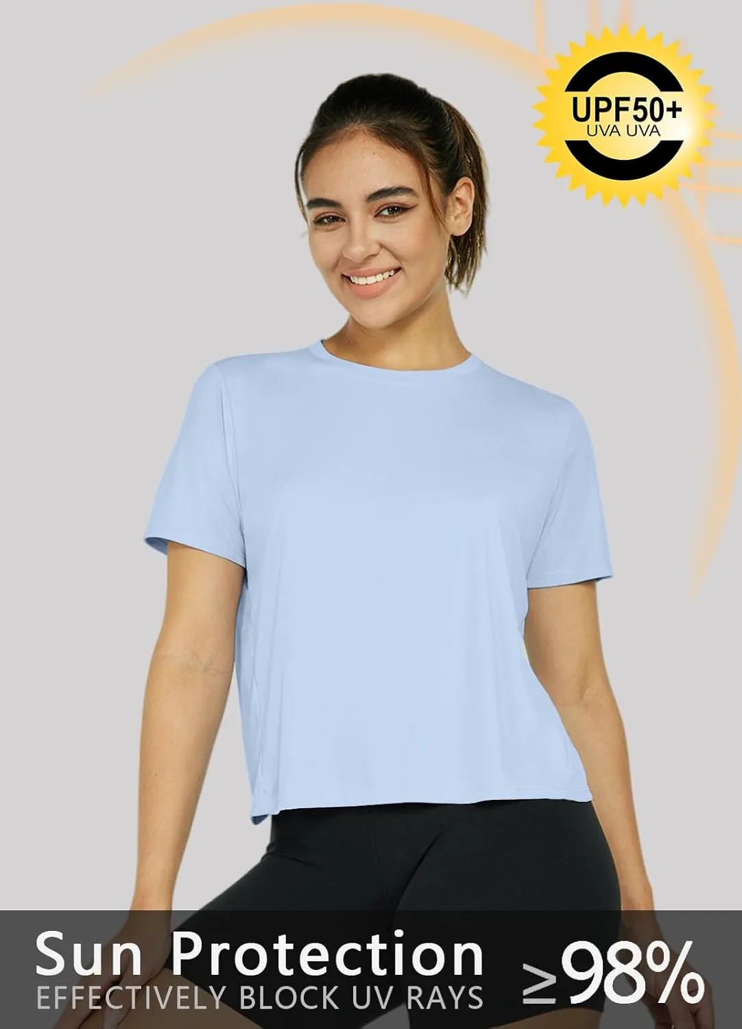 Women's Workout Shirts Short Sleeve Cropped Split Back Athletic Tops Active Running Gym Quick Dry Sun Shirts UPF 50 