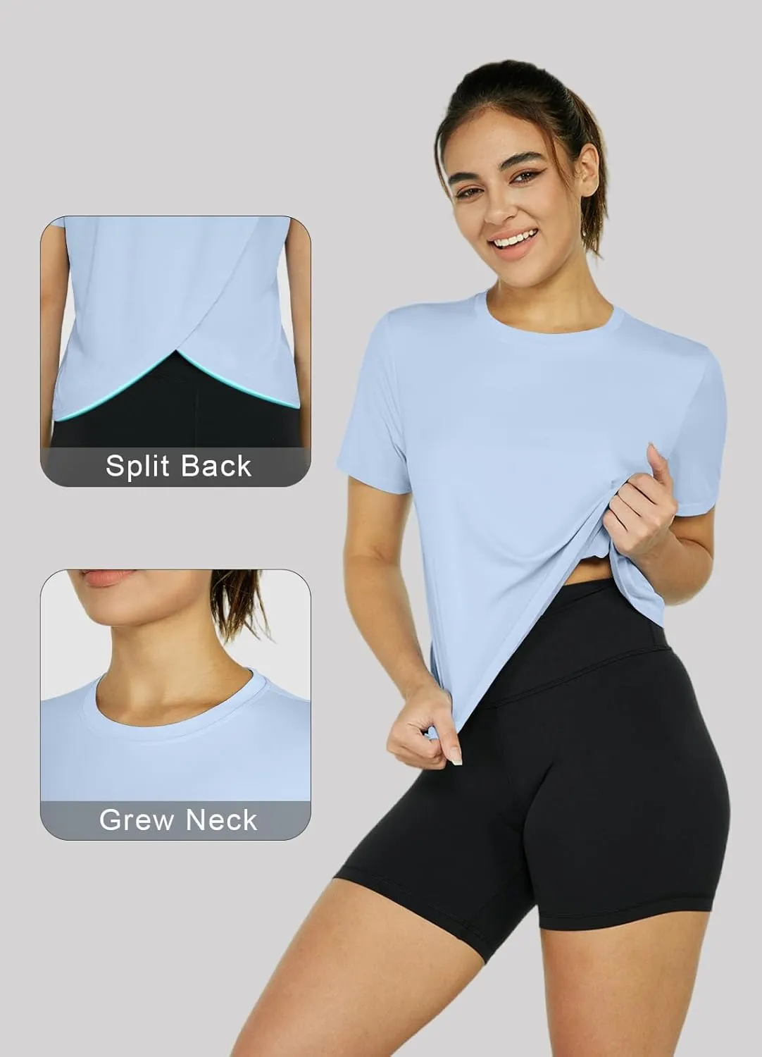 Women's Workout Shirts Short Sleeve Cropped Split Back Athletic Tops Active Running Gym Quick Dry Sun Shirts UPF 50 