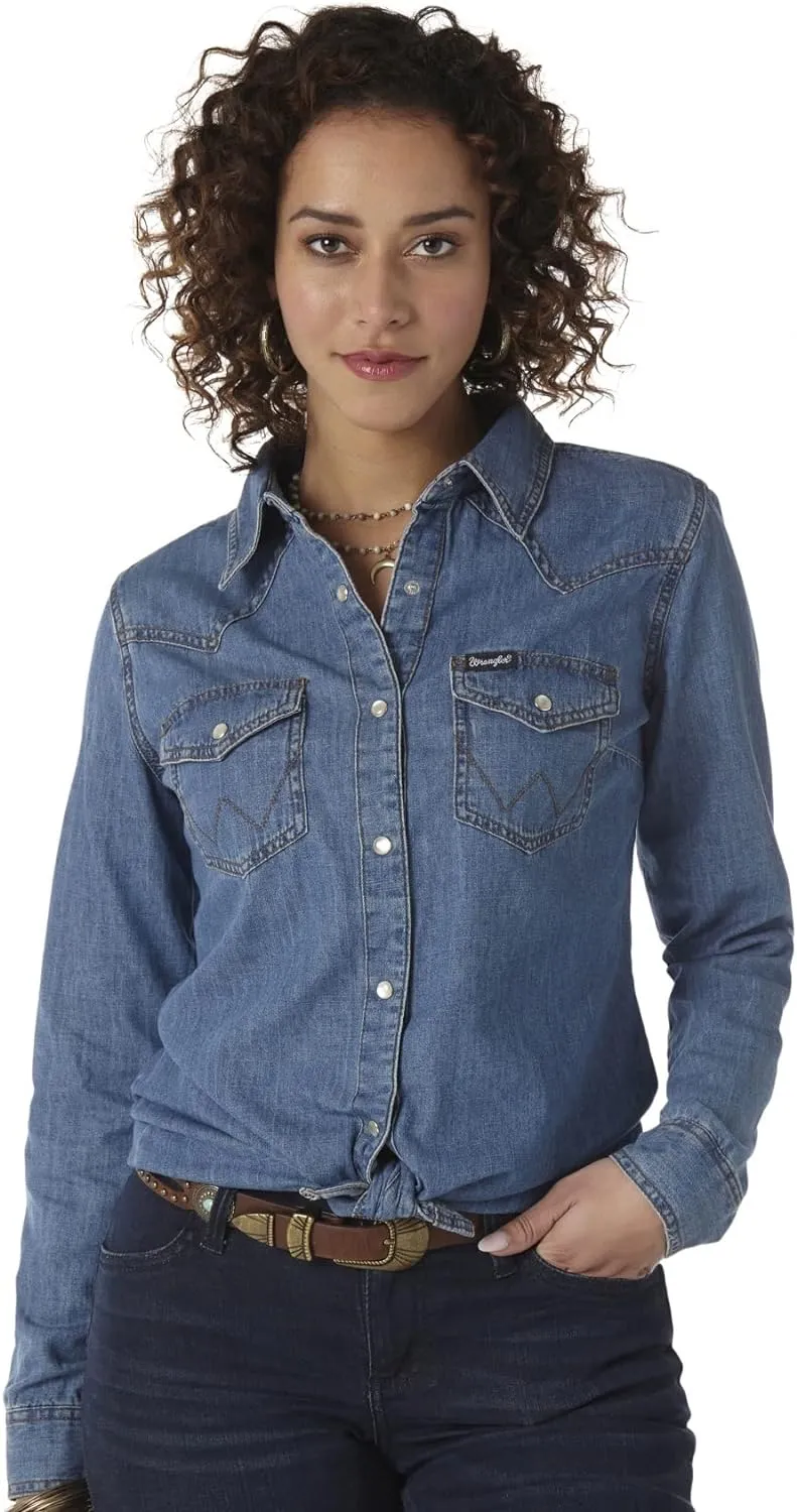 Wrangler Women's Retro Long Sleeve Western Snap Shirt Mid Denim