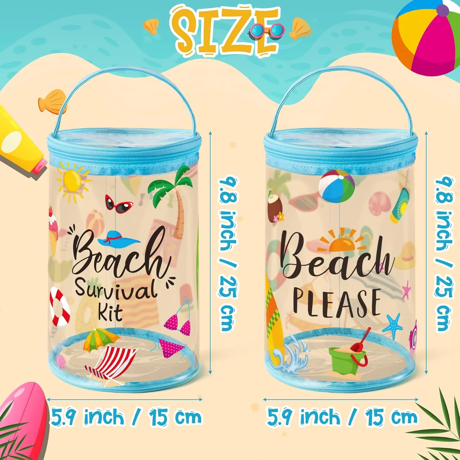 Y1tvei Beach Lotion Toiletry Bag - 2Pcs Beach Survival Kit Cylinder Travel Makeup Bag with Handle Sunscreen Holder Pouch Clear PVC Plastic Waterproof Barrel Zipper Cosmetic Bag for Women