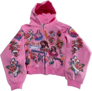 Y2k Zip up Hoodie Streetwear Graphic Oversized Rapper Hooded Sweatshirts Unisex Grunge Vintage Clothes