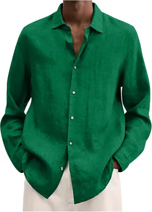 Ymosrh Long Sleeve T-Shirts for Men Spring Summer Men's Casual Cotton Linen Solid Color Shirts Loose Dress Tan