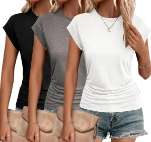 Zeagoo Womens Summer Tops Ruched Cap Short Sleeve Tshirts Shirts Crew Neck T Shirts Trendy 2025 Fashion S-XXXL