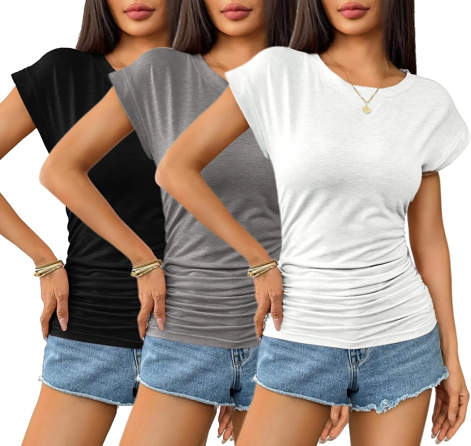 Zeagoo Womens Summer Tops Ruched Cap Short Sleeve Tshirts Shirts Crew Neck T Shirts Trendy 2025 Fashion S-XXXL