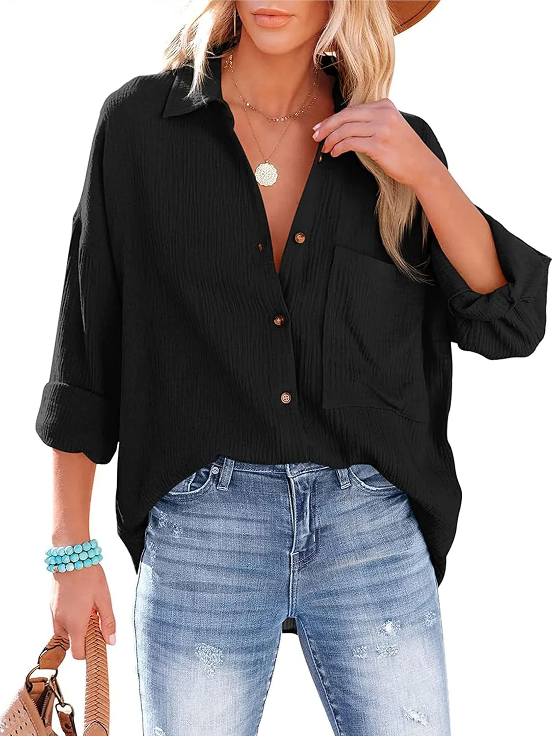 Zontroldy Oversized Button Down Long Sleeve Shirts for Women Solid Color Casual Boyfriend Shirt Boluse Tops